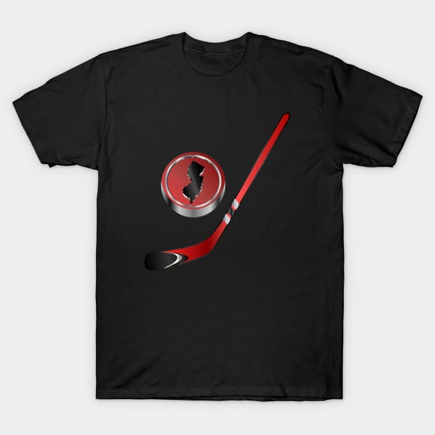 NHL - NJ Red Black Silver White accent Stick and Puck T-Shirt by geodesyn